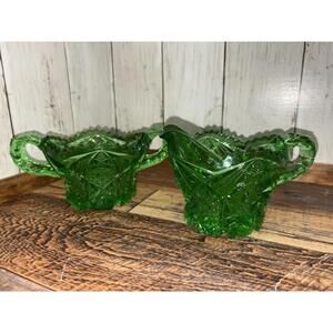Vtg Imperial EAPG Emerald Green Whirling Star Sugar & Creamer Set Sawtooth Edges